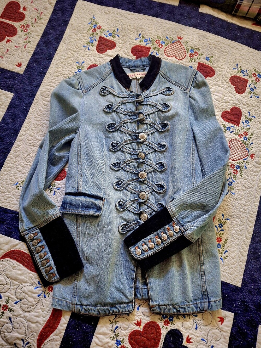 FREE PEOPLE Structured Seamed Wom M Military Style Jacket Denim W Black Cord Trm